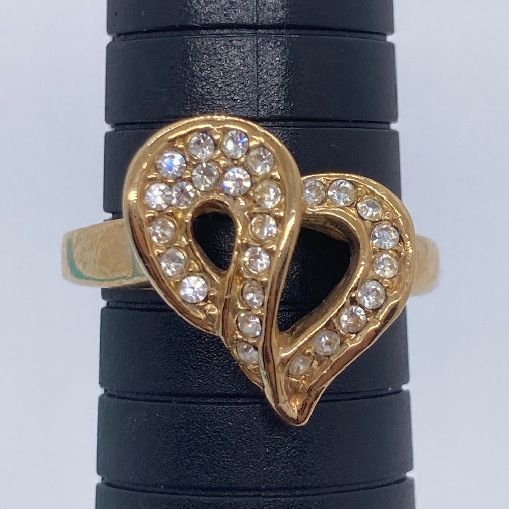 Gold Tone Roman Brand Ring Heart with Clear Rhinestones